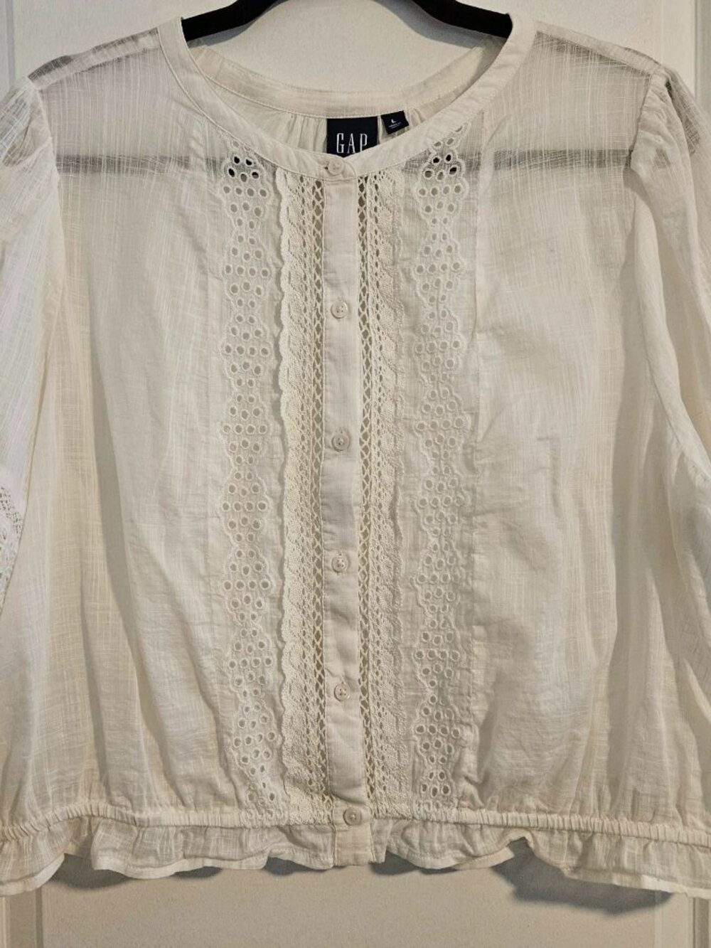 GAP White Eyelet Lace Blouse Womens Large Boho Cottagecore Cotton Button Front